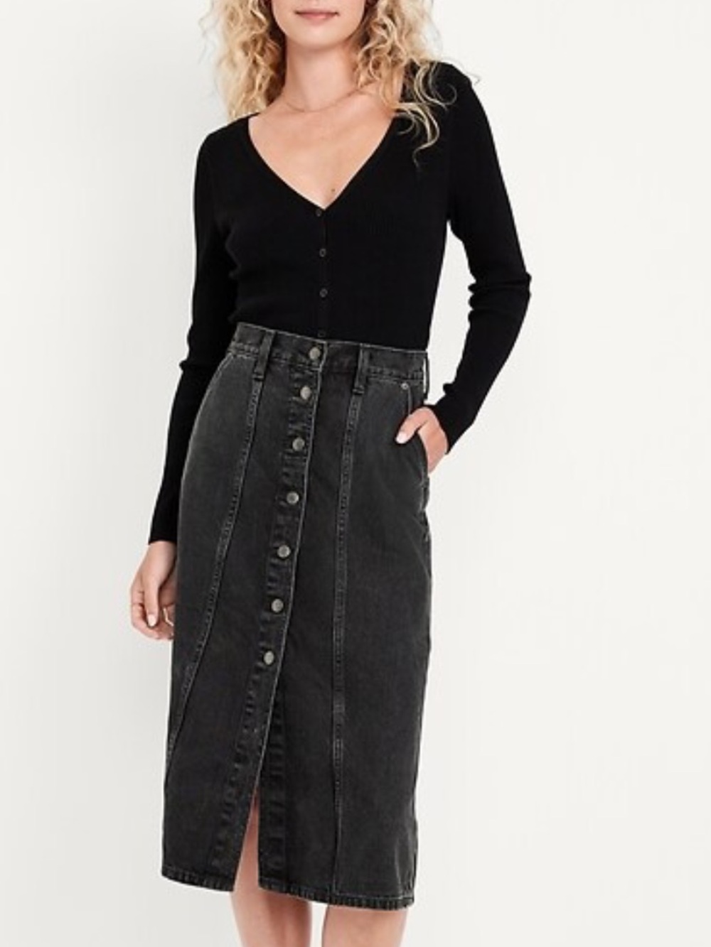 Old Navy High Waisted Button Front A Line Washed Black Denim Midi Skirt Sz 10